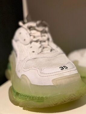 Balenciaga White and Green Triple S Clear Sole Sneakers (Size 35)